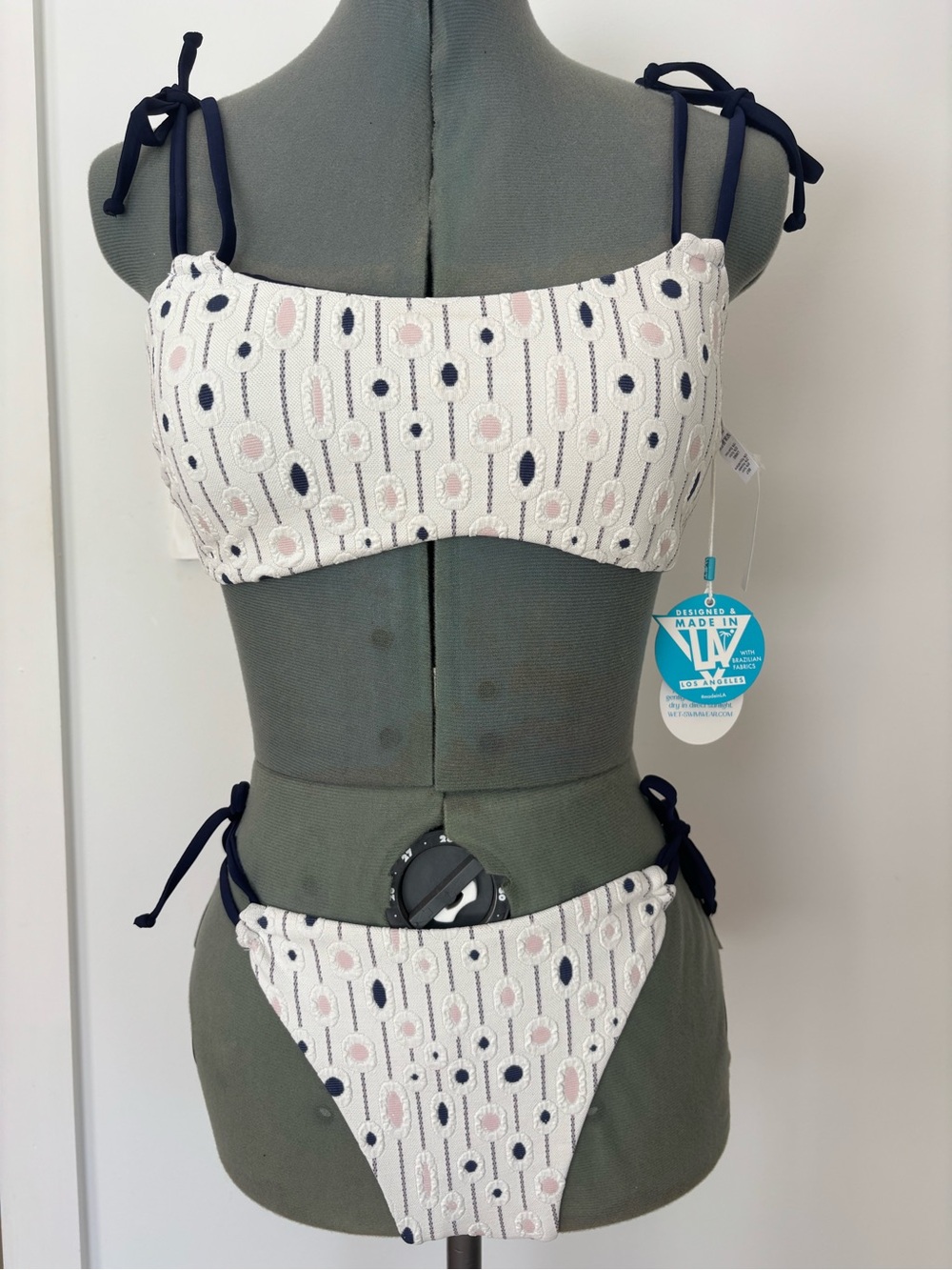 WET Illiana Bikini Set NWT White Pink Navy Textured Embroidered Size S
